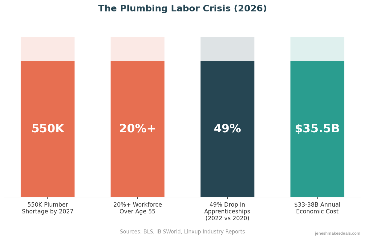 The plumbing labor crisis in 2026 showing 550K shortage projected by 2027 and 49% drop in apprenticeships